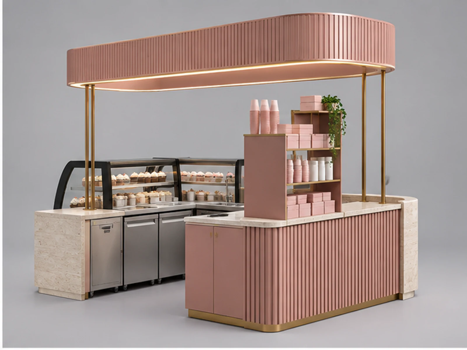 Boutique Cupcake Kiosk with Overhead Signage opposite angle showing overall kiosk layout