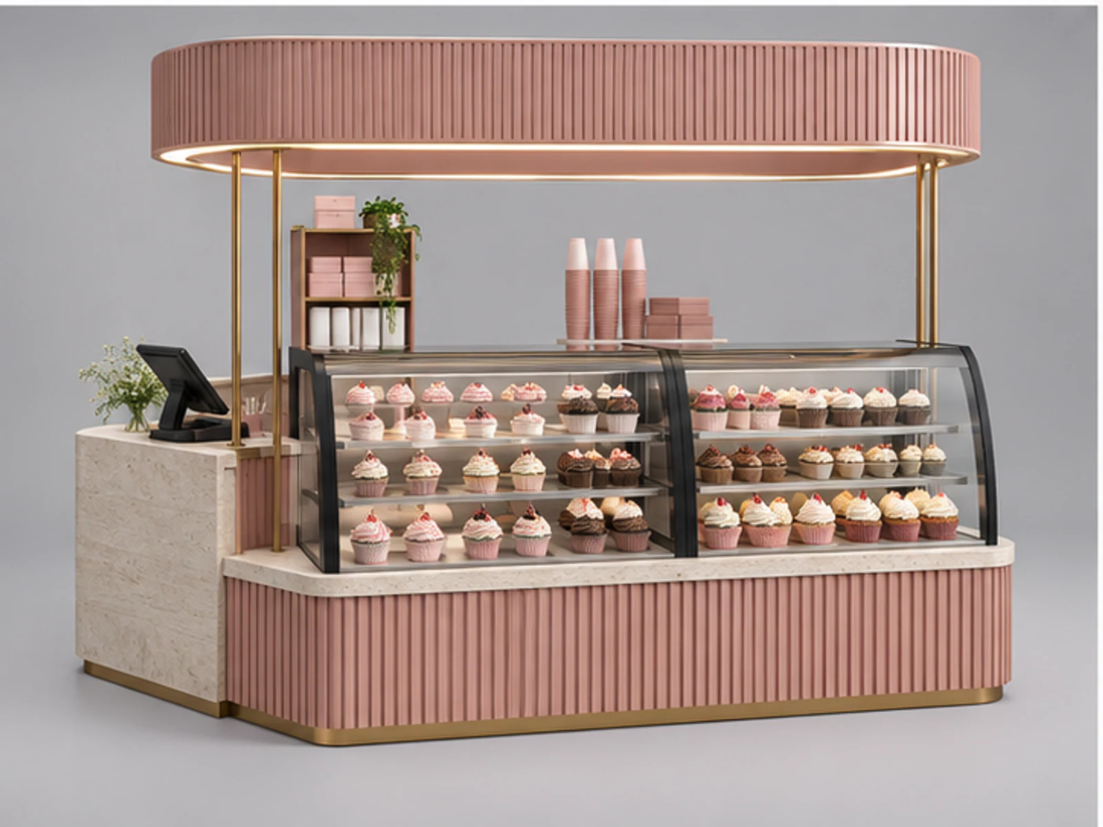 Boutique Cupcake Kiosk with Overhead Signage customer-facing display and service counter