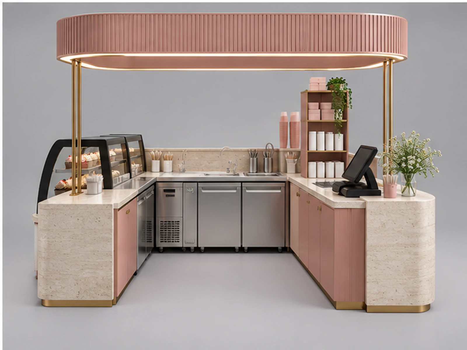 Boutique Cupcake Kiosk with Overhead Signage staff-side equipment and storage layout