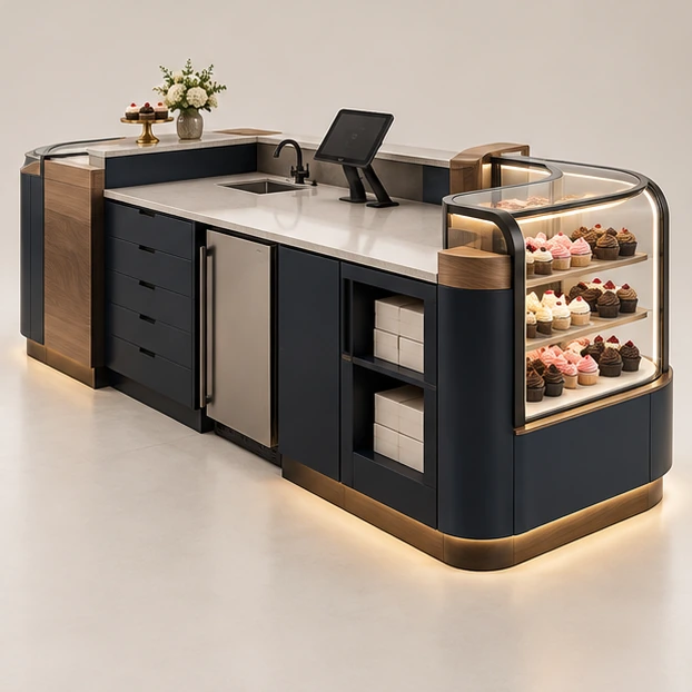 Compact Cupcake Booth with Front-Loading Pastry Case operator-side equipment, access, and storage view