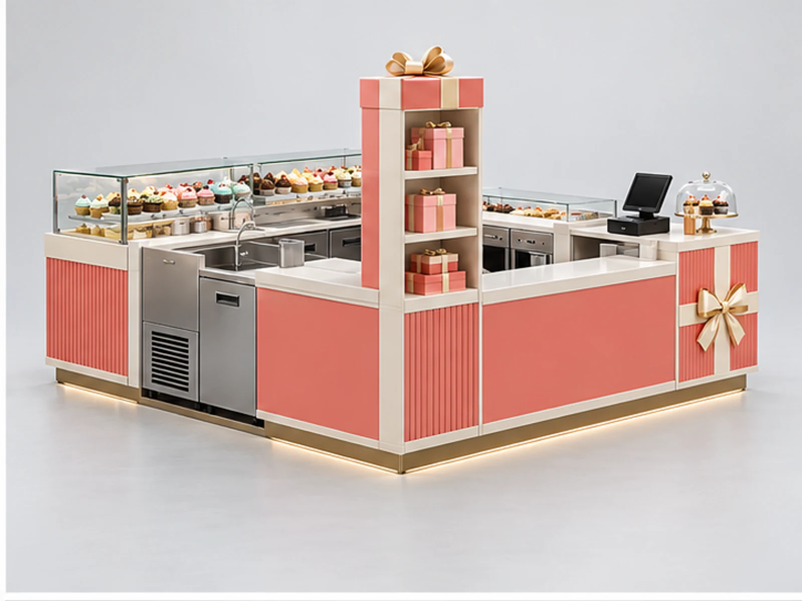 Compact Mall Cupcake Kiosk with Gift Box Counter opposite angle showing overall kiosk layout