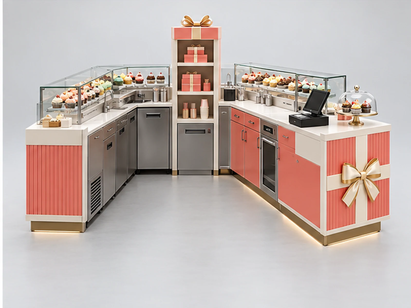 Compact Mall Cupcake Kiosk with Gift Box Counter staff-side equipment and storage layout