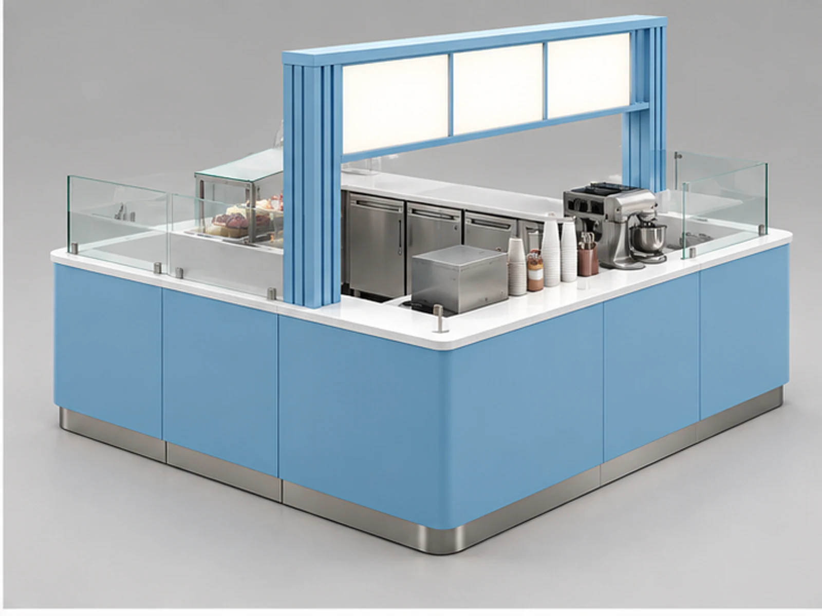 Corner Cupcake Kiosk with Menu Frame opposite angle showing overall kiosk layout