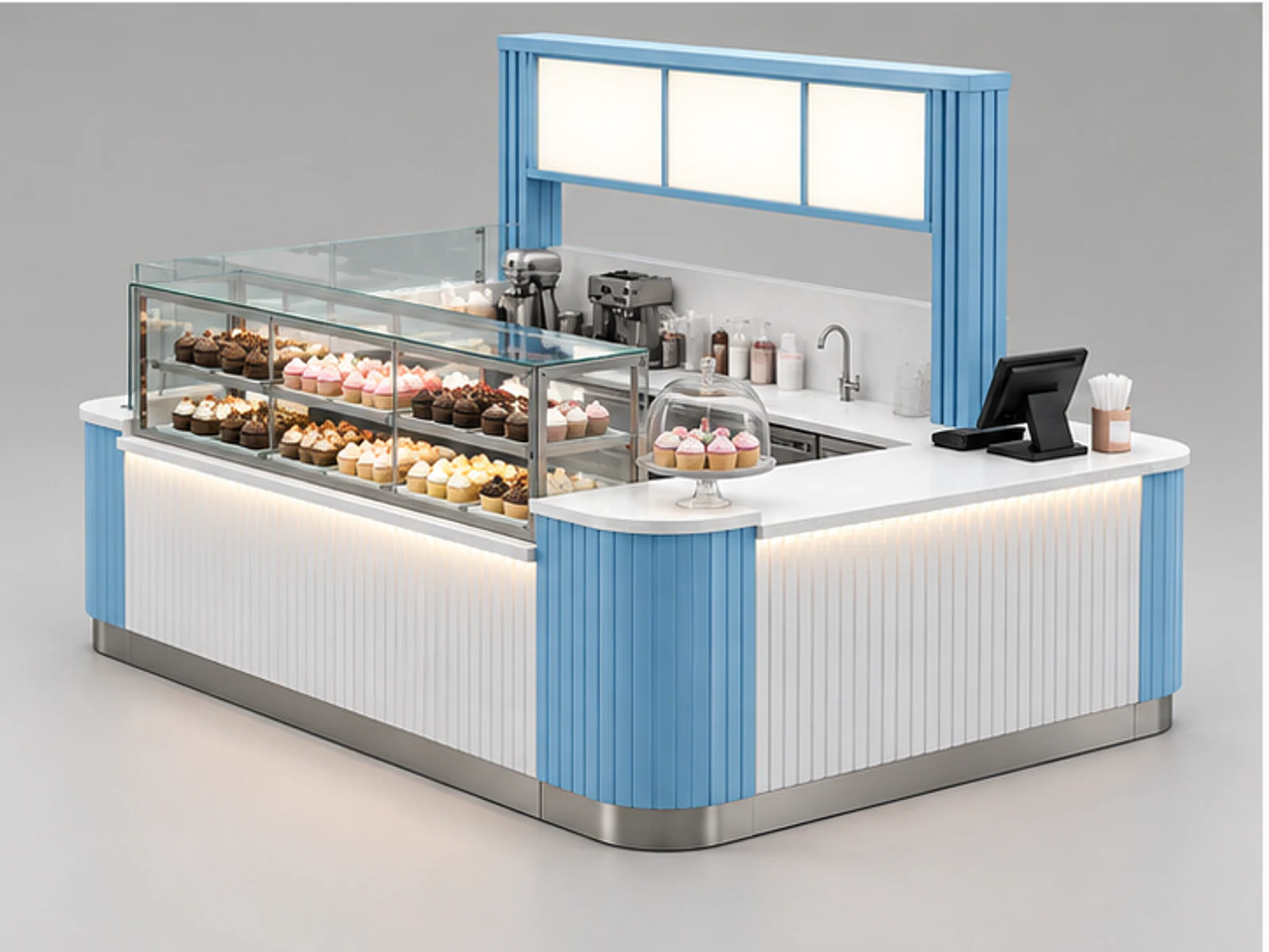 Corner Cupcake Kiosk with Menu Frame customer-facing display and service counter