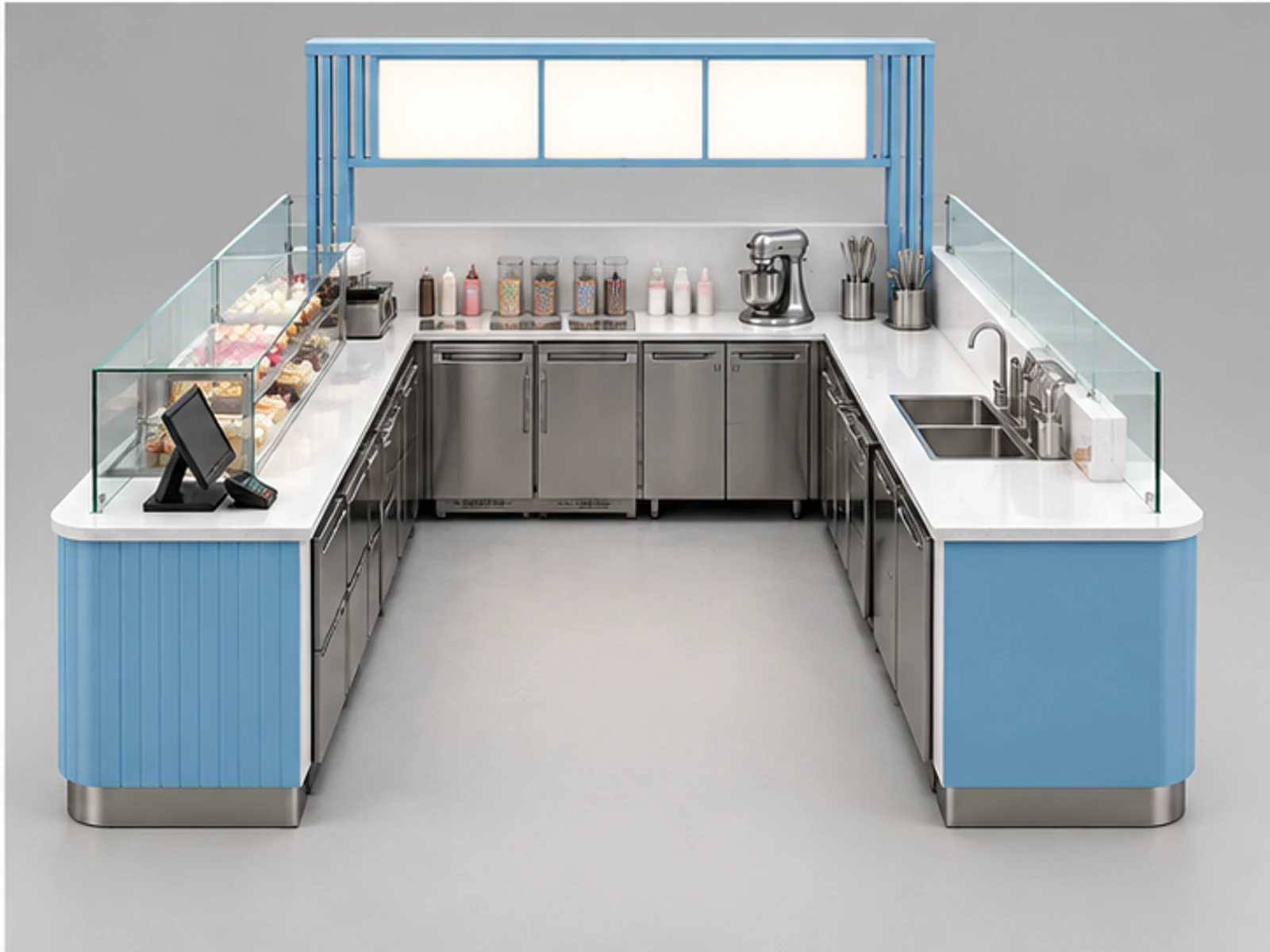 Corner Cupcake Kiosk with Menu Frame staff-side equipment and storage layout