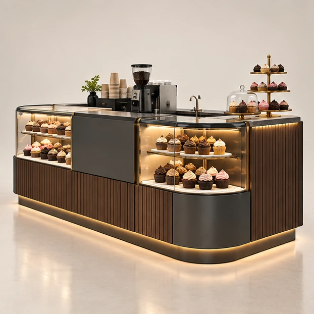 Cupcake and Coffee Kiosk with Shared Service Counter main three-quarter product rendering