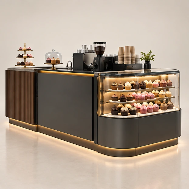 Cupcake and Coffee Kiosk with Shared Service Counter opposite angle showing its complete footprint and display layout