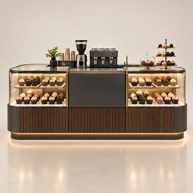 Cupcake and Coffee Kiosk with Shared Service Counter customer-facing service and display view