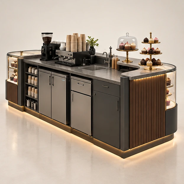 Cupcake and Coffee Kiosk with Shared Service Counter operator-side equipment, access, and storage view
