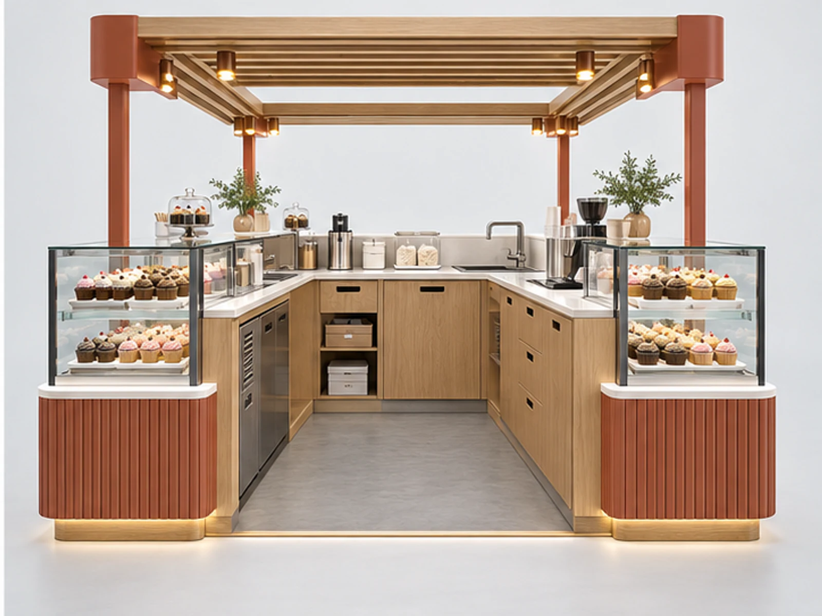 Island Cupcake Kiosk with Multi-Side Display staff-side equipment and storage layout