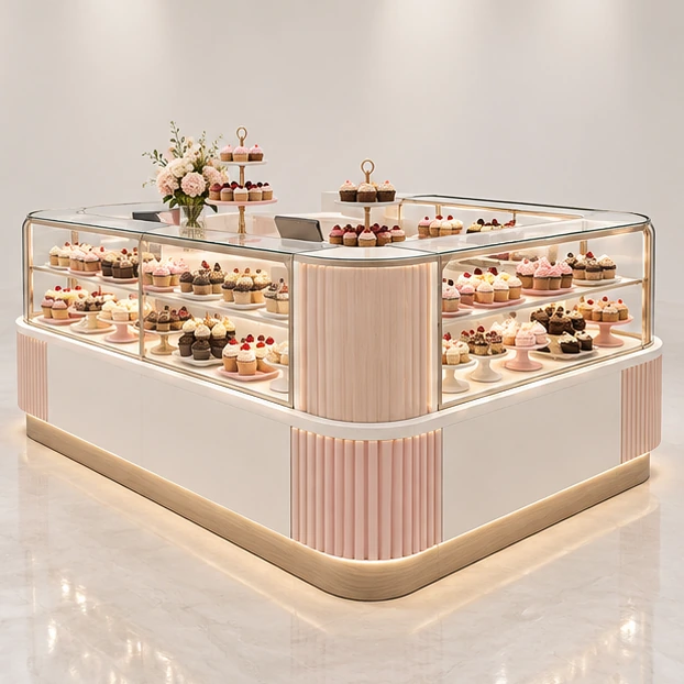 Island Cupcake Kiosk with Wraparound Dessert Display opposite angle showing its complete footprint and display layout