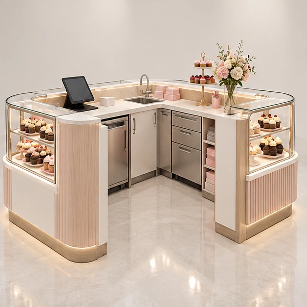 Island Cupcake Kiosk with Wraparound Dessert Display operator-side equipment, access, and storage view