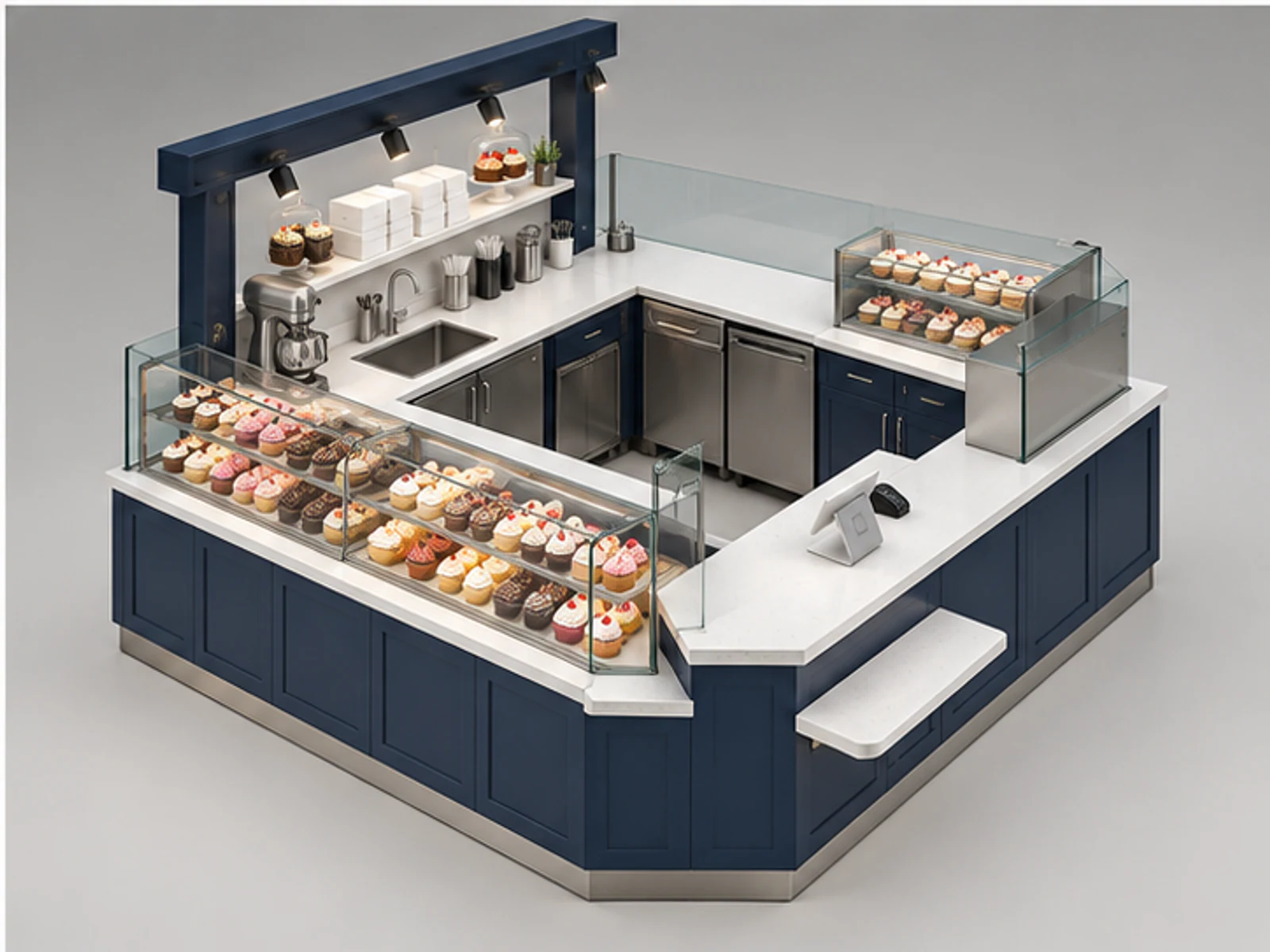 Large Cupcake Kiosk with Pickup Counter staff-side equipment and storage layout