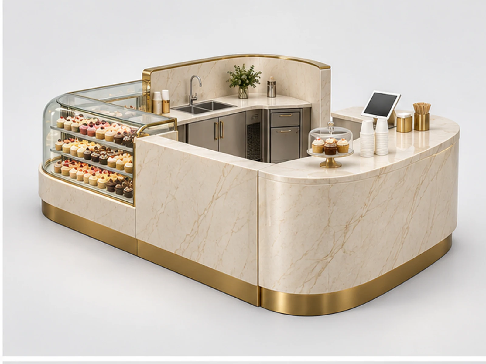 Luxury Cupcake Kiosk with Curved Glass Showcase opposite angle showing overall kiosk layout