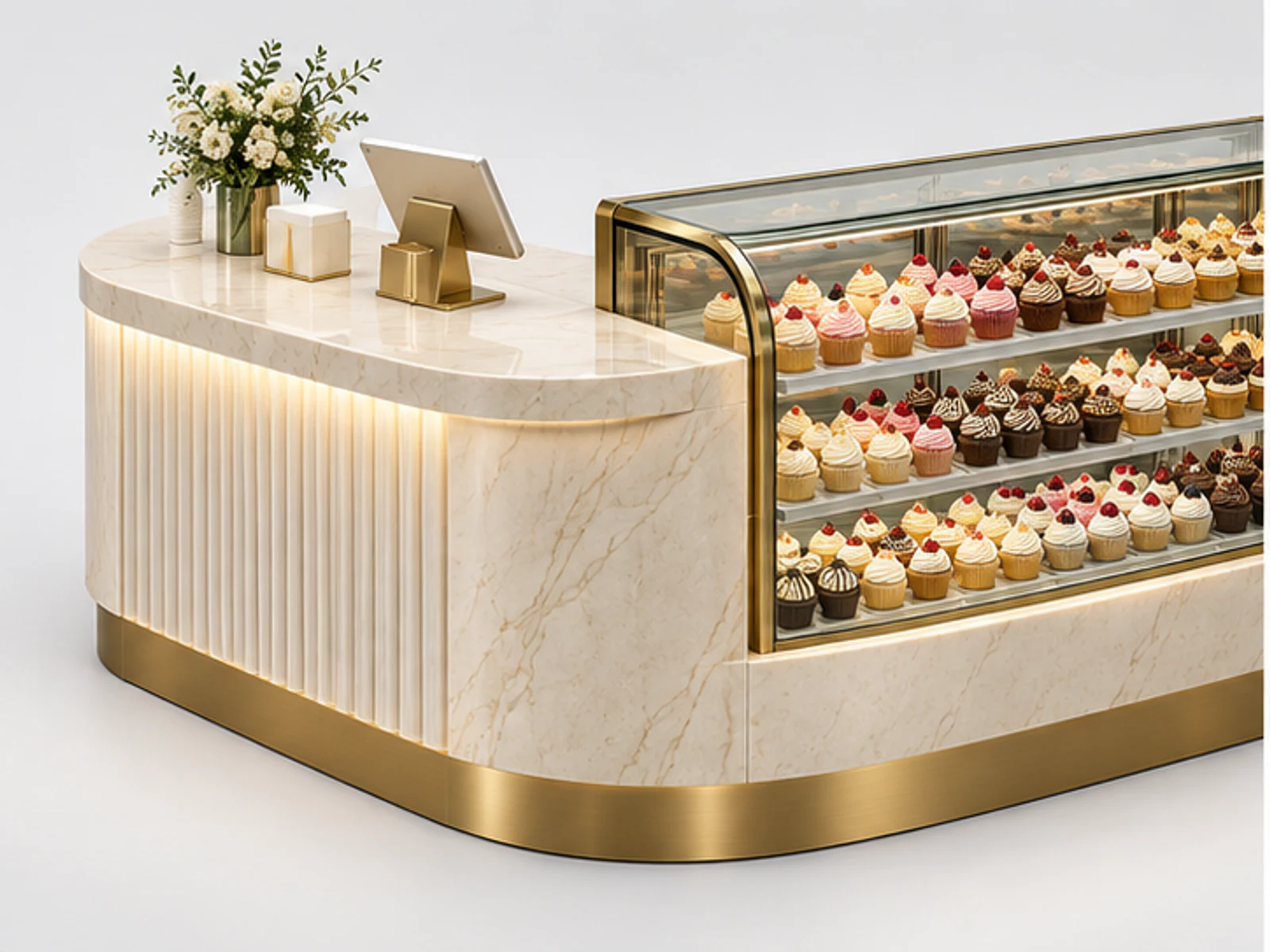 Luxury Cupcake Kiosk with Curved Glass Showcase customer-facing display and service counter