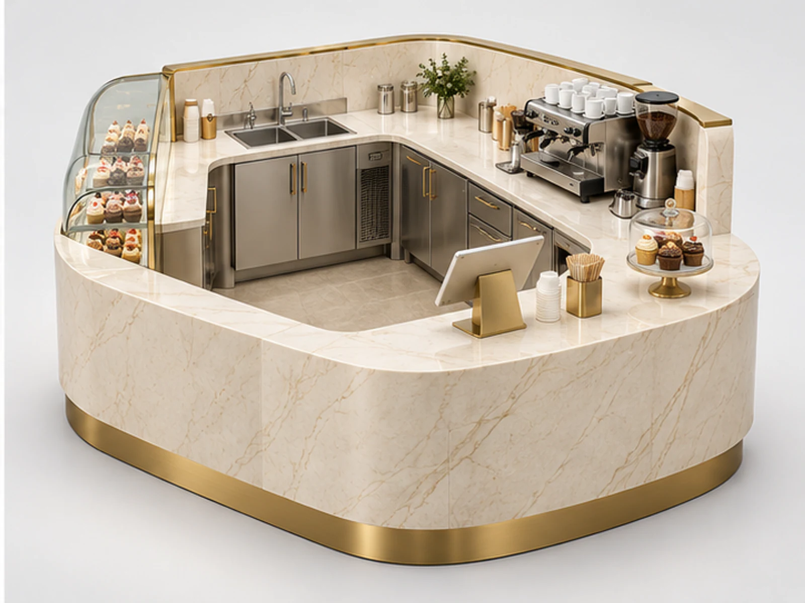 Luxury Cupcake Kiosk with Curved Glass Showcase staff-side equipment and storage layout