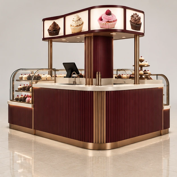 Mall Cupcake Kiosk with Illuminated Menu Header opposite angle showing its complete footprint and display layout