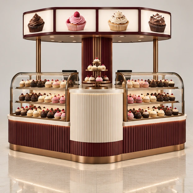 Mall Cupcake Kiosk with Illuminated Menu Header customer-facing service and display view