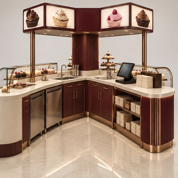 Mall Cupcake Kiosk with Illuminated Menu Header operator-side equipment, access, and storage view