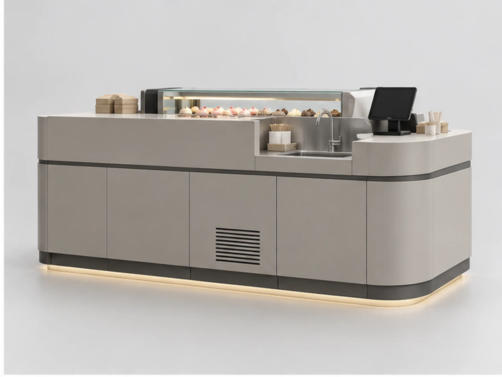 Minimal Cupcake Counter with Front Display Case opposite angle showing overall kiosk layout