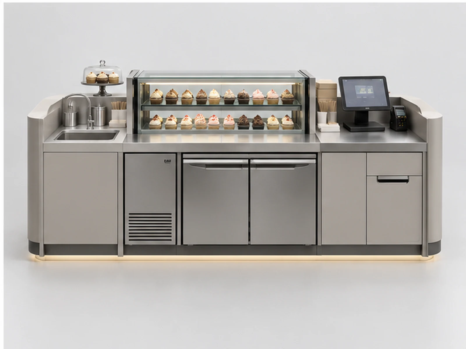 Minimal Cupcake Counter with Front Display Case staff-side equipment and storage layout