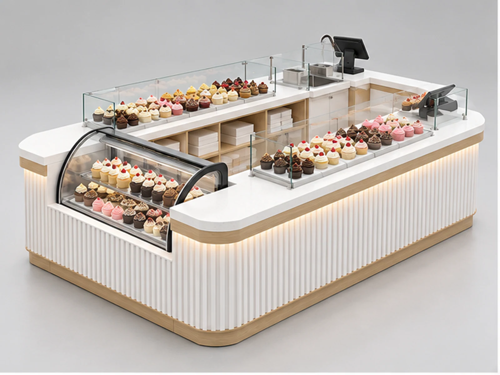 Modern White Cupcake Kiosk with Fluted Panels main three-quarter product view