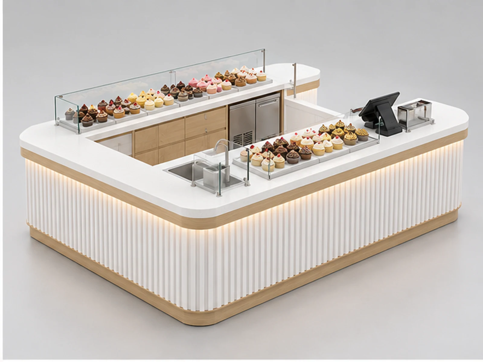 Modern White Cupcake Kiosk with Fluted Panels opposite angle showing overall kiosk layout