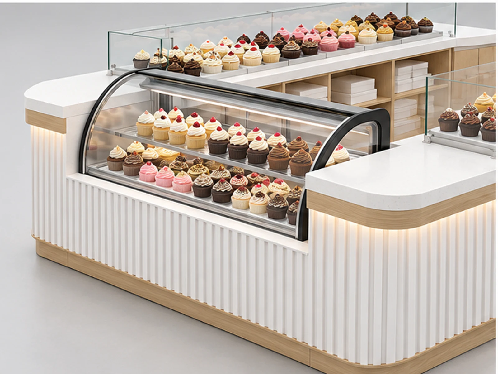 Modern White Cupcake Kiosk with Fluted Panels customer-facing display and service counter