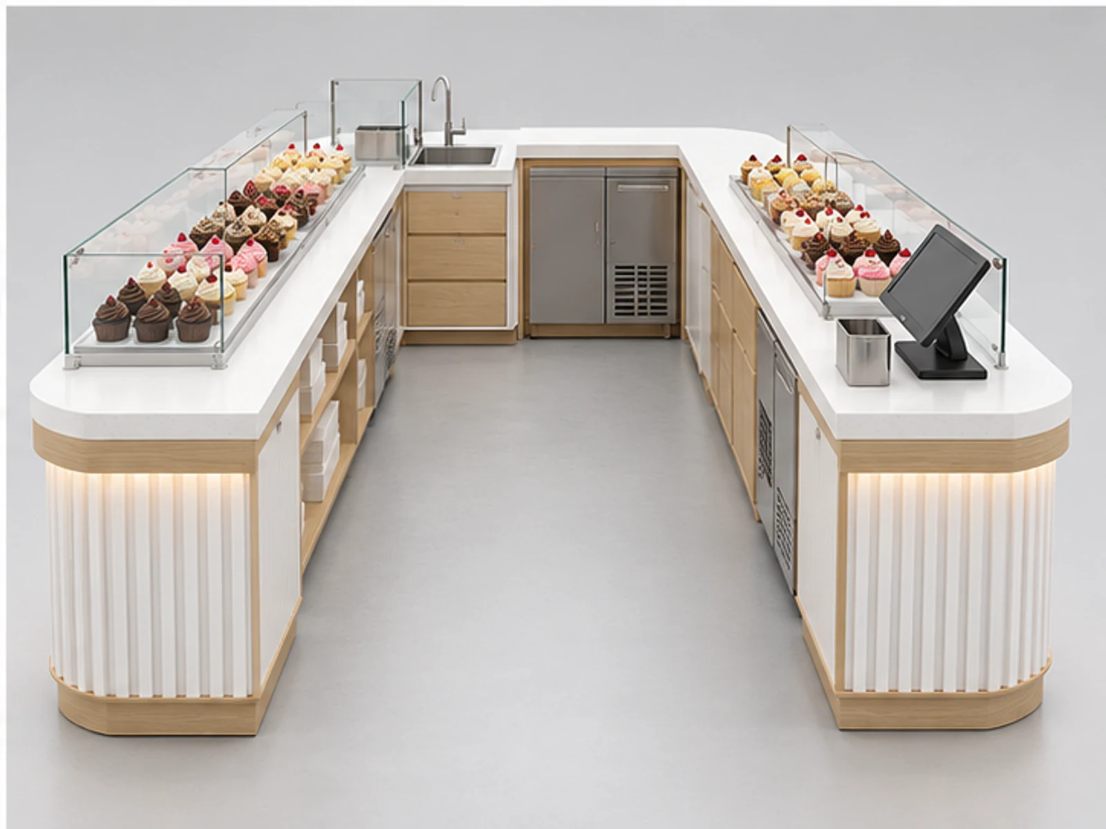 Modern White Cupcake Kiosk with Fluted Panels staff-side equipment and storage layout