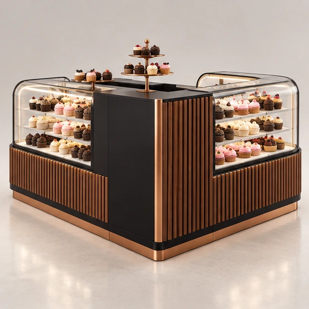 Modular Cupcake Kiosk with Expandable Case Sections opposite angle showing its complete footprint and display layout
