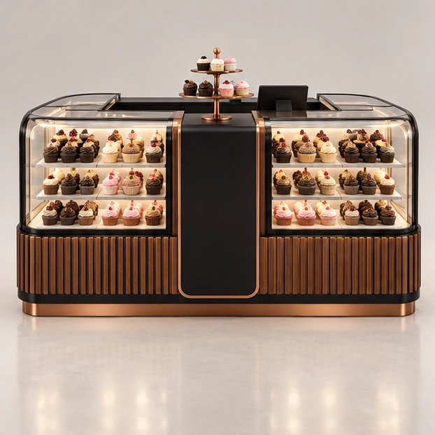 Modular Cupcake Kiosk with Expandable Case Sections customer-facing service and display view