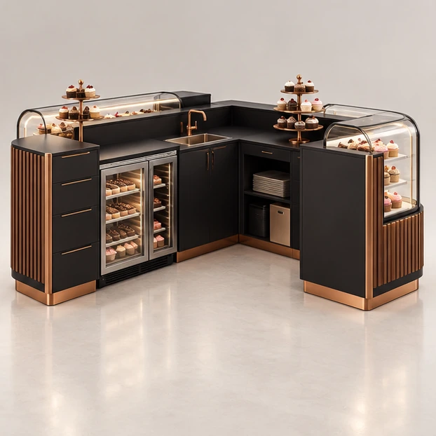 Modular Cupcake Kiosk with Expandable Case Sections operator-side equipment, access, and storage view