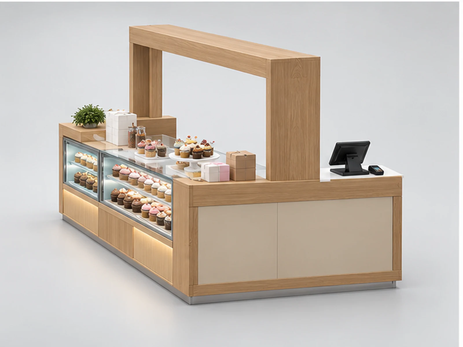 Open Cupcake Kiosk with Packaging Workstation customer-facing display and service counter