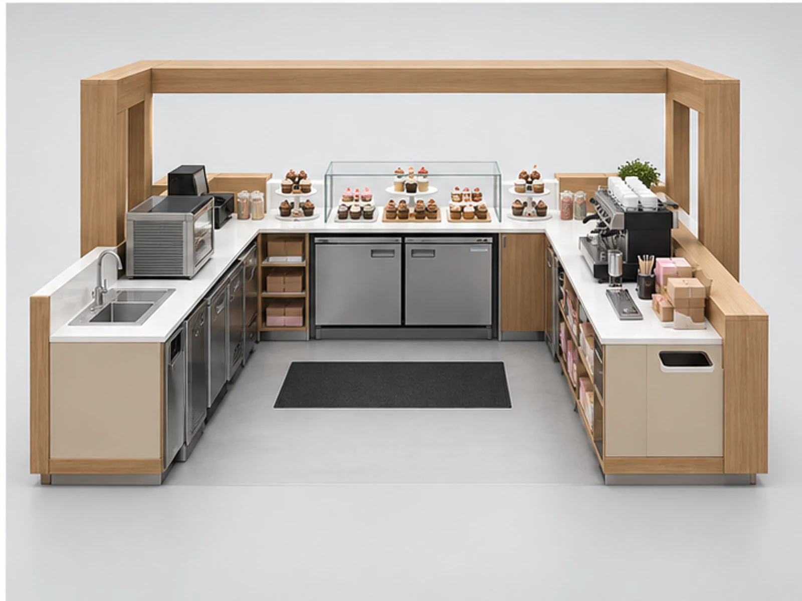 Open Cupcake Kiosk with Packaging Workstation staff-side equipment and storage layout