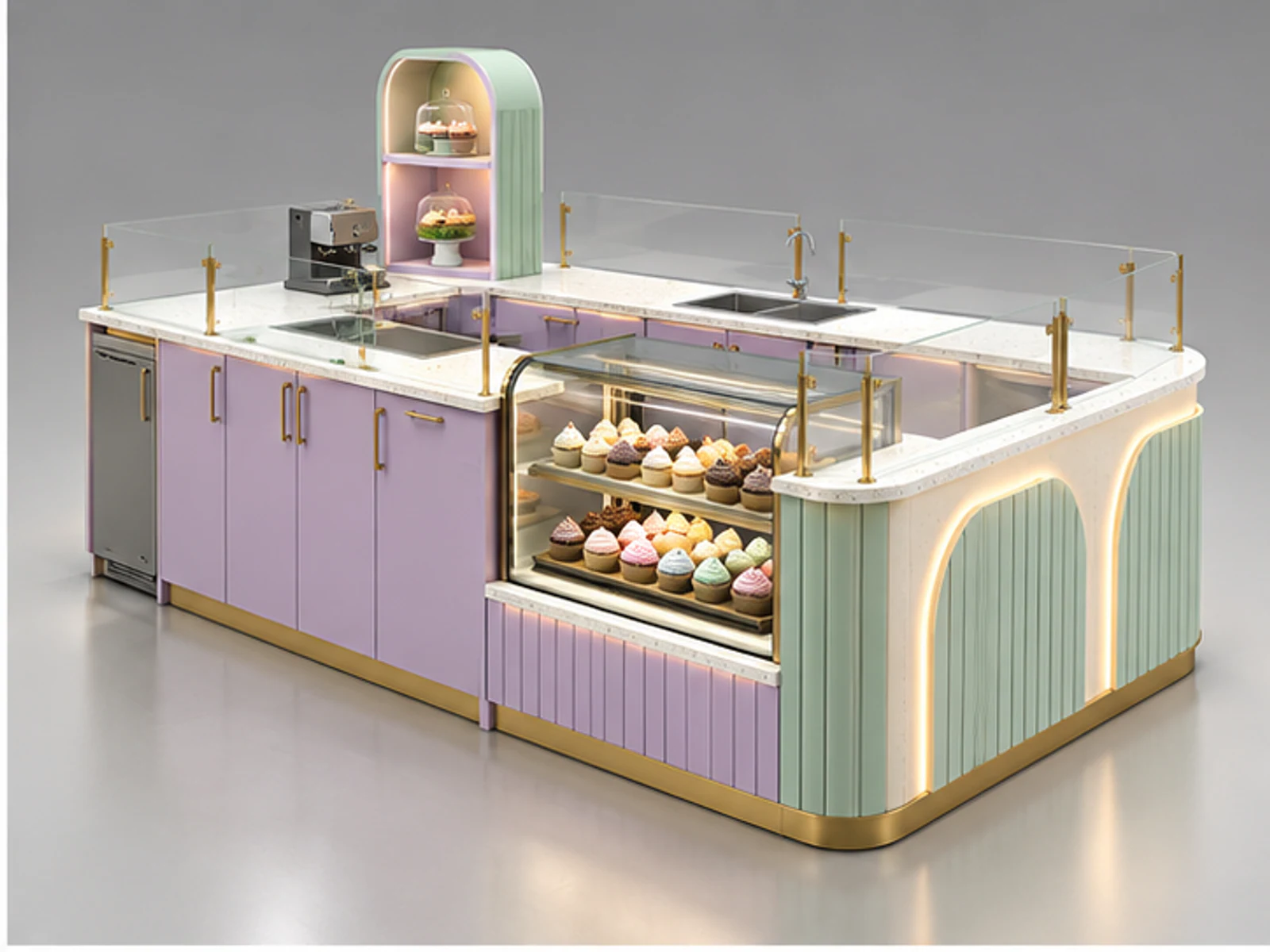 Pastel Cupcake Kiosk with Corner Display Cases opposite angle showing overall kiosk layout