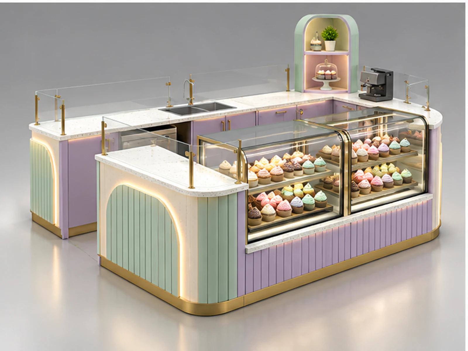 Pastel Cupcake Kiosk with Corner Display Cases customer-facing display and service counter