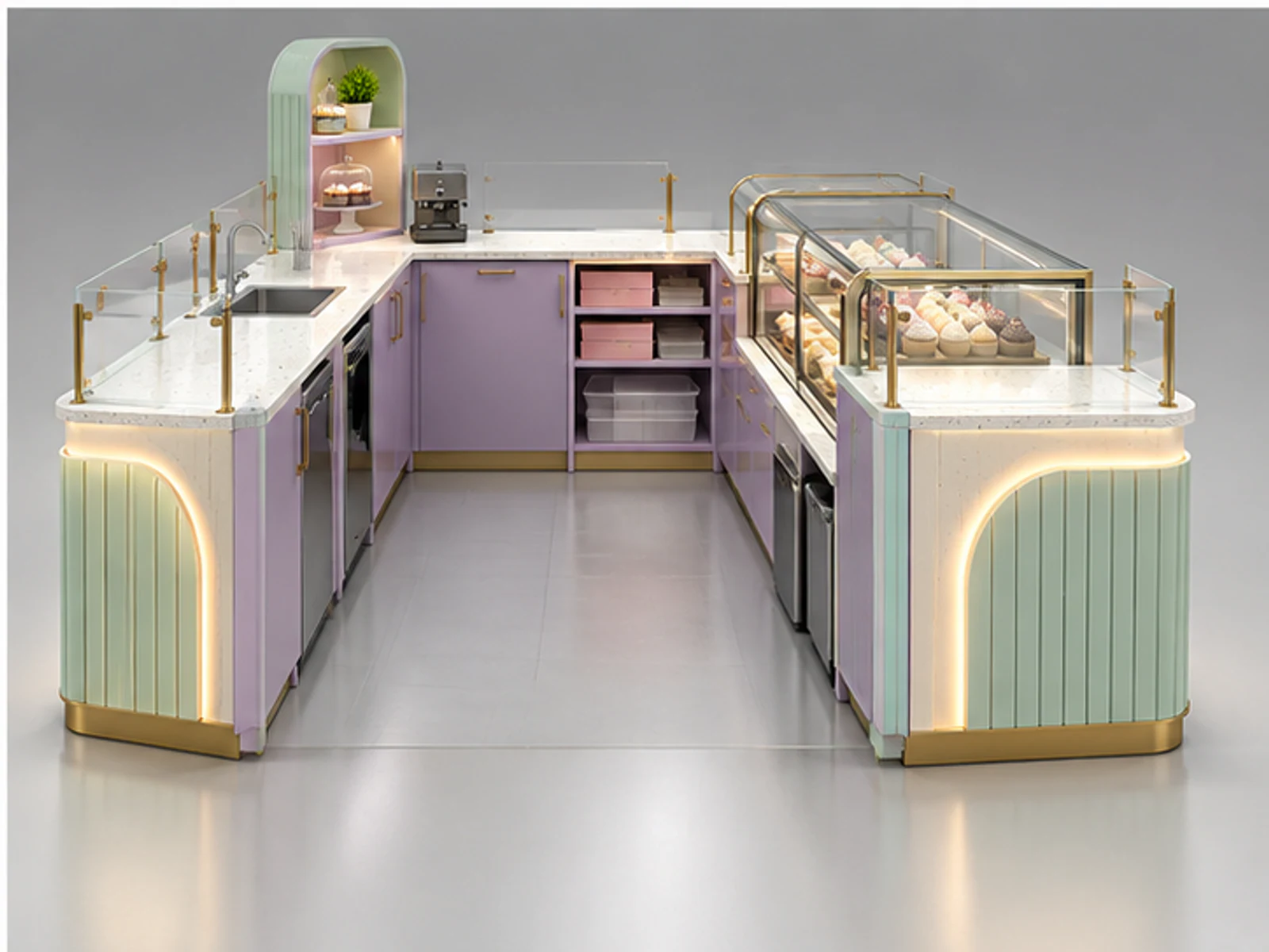 Pastel Cupcake Kiosk with Corner Display Cases staff-side equipment and storage layout