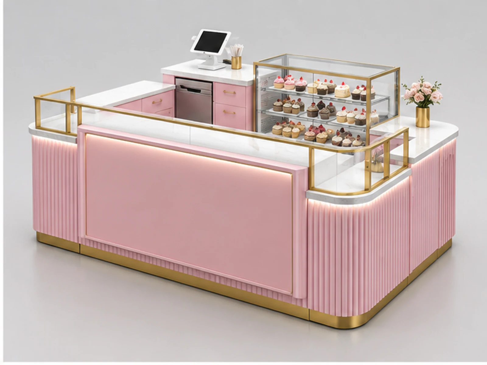 Pink Gold Cupcake Kiosk with Refrigerated Display opposite angle showing overall kiosk layout