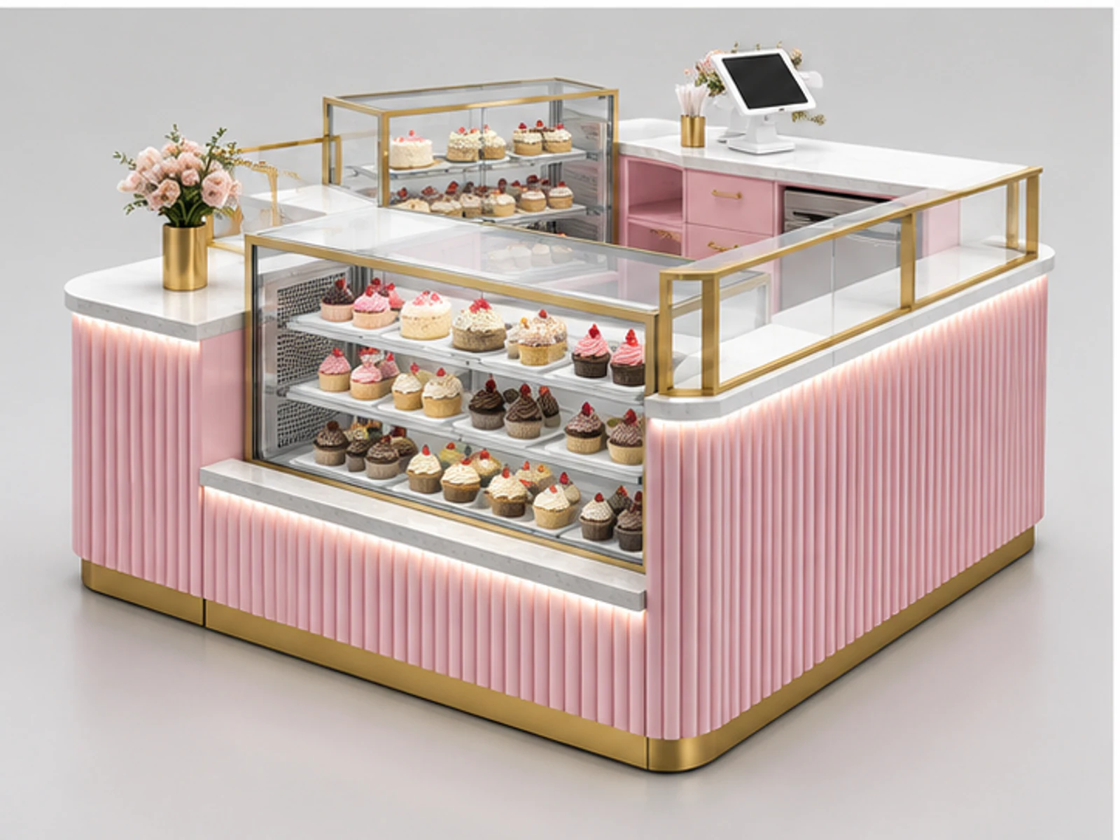 Pink Gold Cupcake Kiosk with Refrigerated Display customer-facing display and service counter