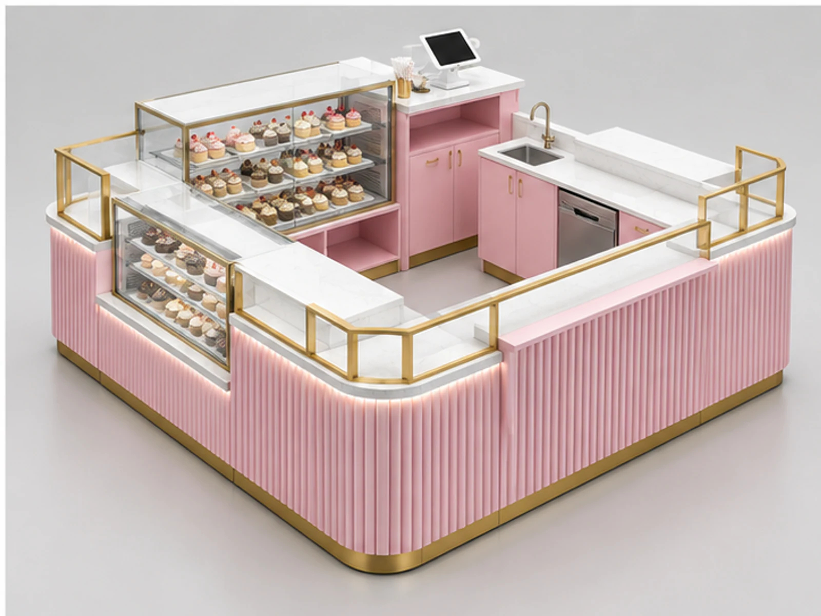 Pink Gold Cupcake Kiosk with Refrigerated Display staff-side equipment and storage layout
