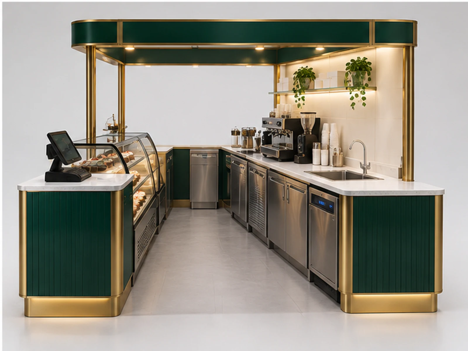 Premium Cupcake Retail Counter with LED Shelves staff-side equipment and storage layout
