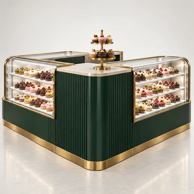 Premium Patisserie Kiosk with Chilled Cupcake Case opposite angle showing its complete footprint and display layout