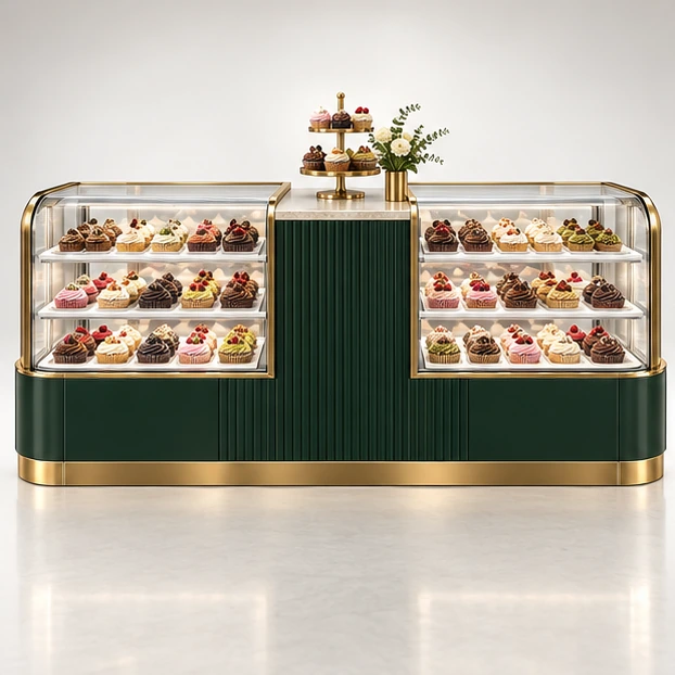 Premium Patisserie Kiosk with Chilled Cupcake Case customer-facing service and display view