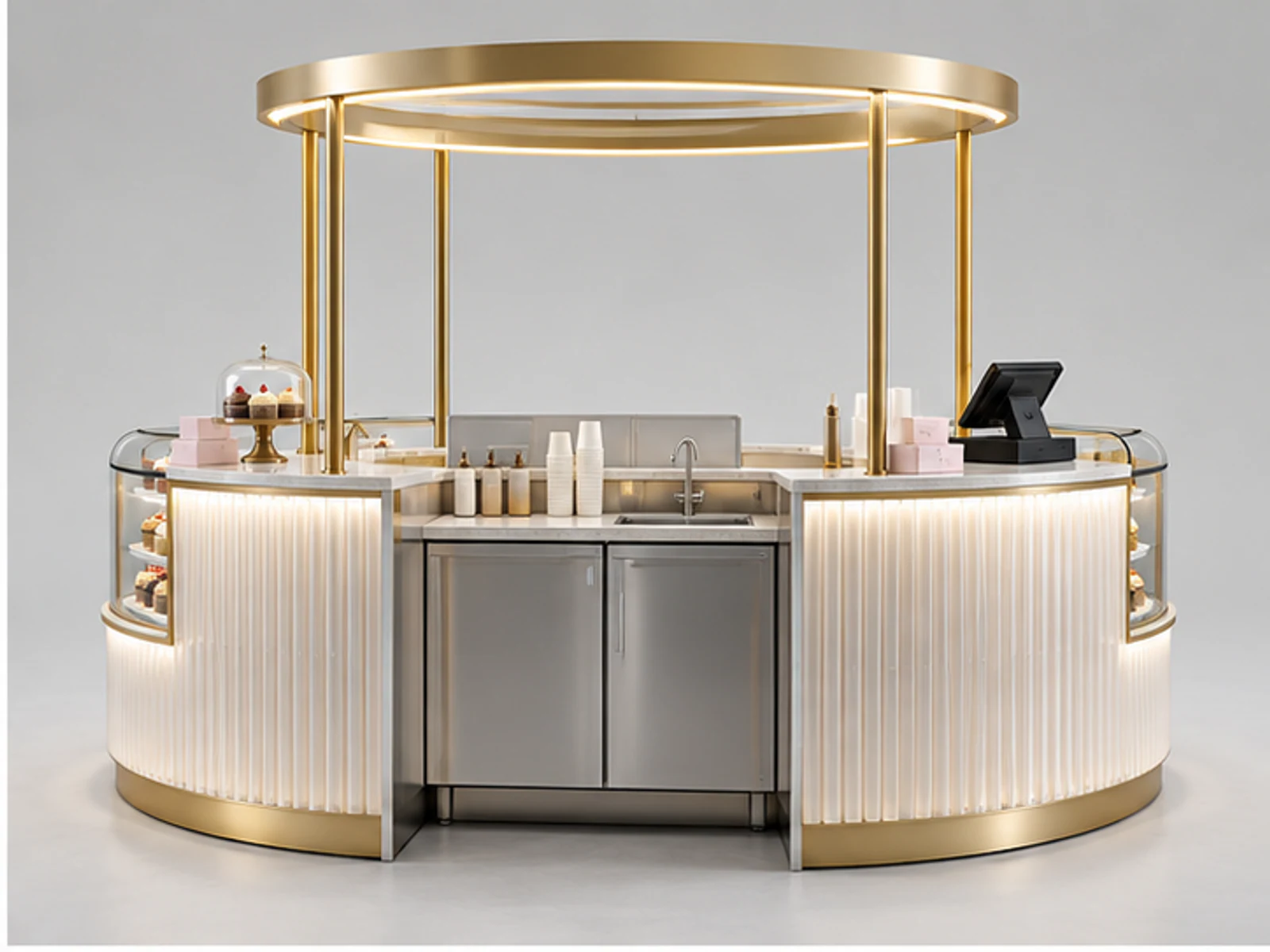 Round Cupcake Kiosk with Glass Dessert Display opposite angle showing overall kiosk layout