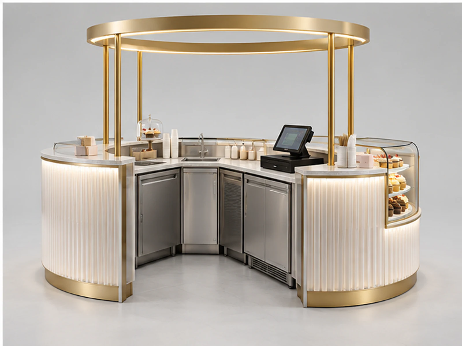 Round Cupcake Kiosk with Glass Dessert Display staff-side equipment and storage layout