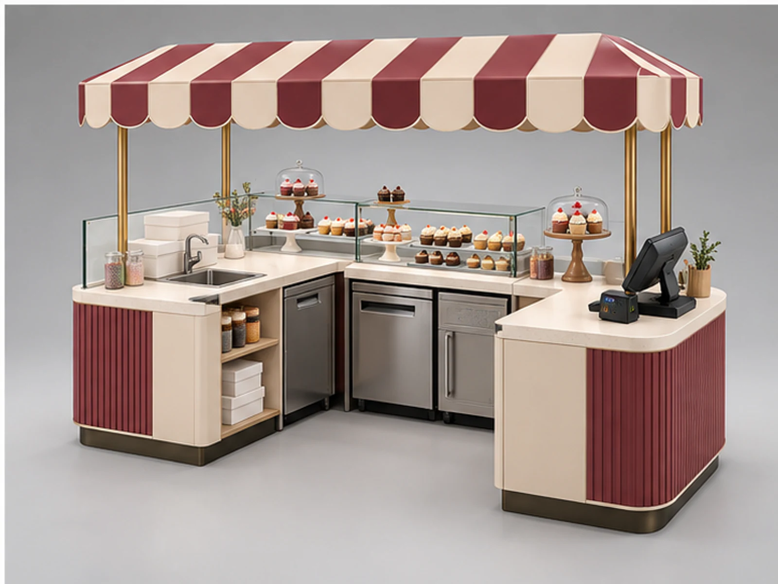Seasonal Cupcake Booth with Flexible Display staff-side equipment and storage layout