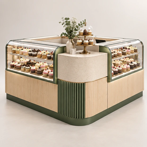 Wood-Accent Cupcake Kiosk with Packaging Storage main three-quarter product rendering