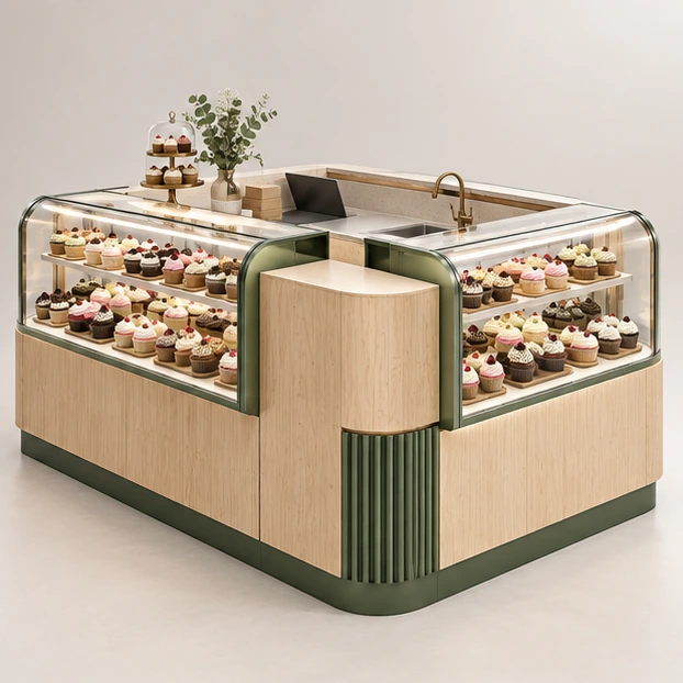 Wood-Accent Cupcake Kiosk with Packaging Storage opposite angle showing its complete footprint and display layout