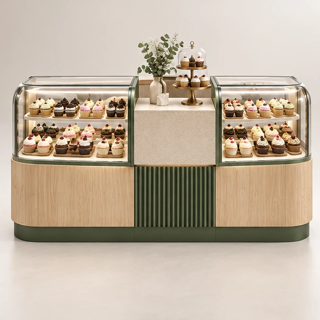 Wood-Accent Cupcake Kiosk with Packaging Storage customer-facing service and display view