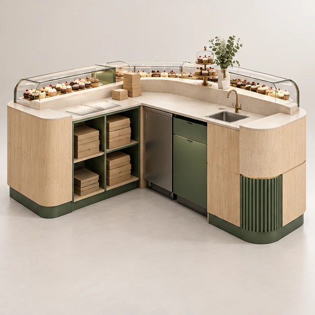 Wood-Accent Cupcake Kiosk with Packaging Storage operator-side equipment, access, and storage view